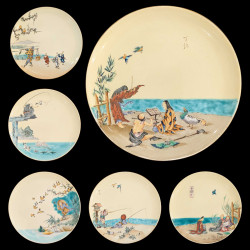 Plates with Japonism scenes, enameled earthenware, Vieillard manufactory, circa 1880