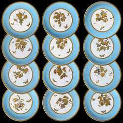 Set of 12 porcelain plates with a blue rim and gold decor, Minton, 1890