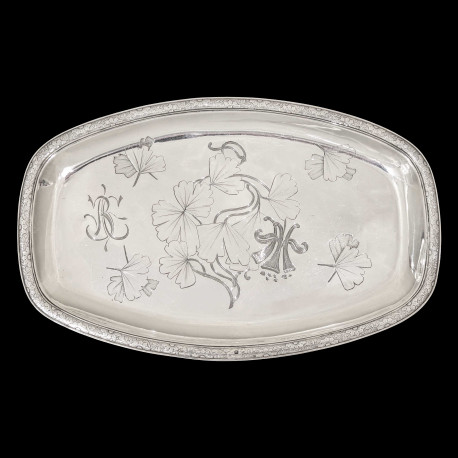 Silver tray by Cardeilhac with ginkgo leaves, France, 1885-1904