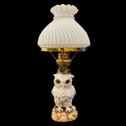 Lampe à pétrole hibou abat jour opaline blanche Fr yeux verre 40cm fin XIXe