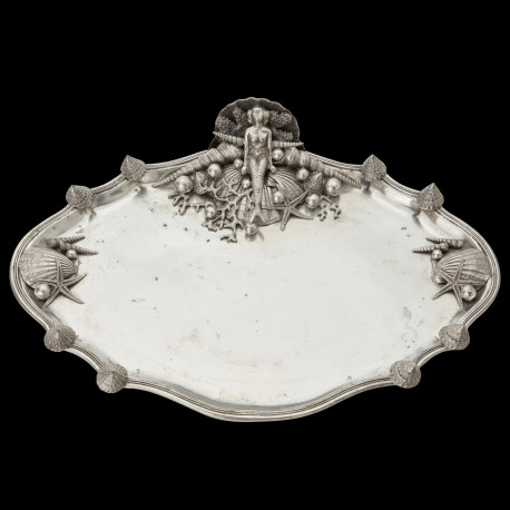 Pewter presentation platter with a mermaid by Piero Figura