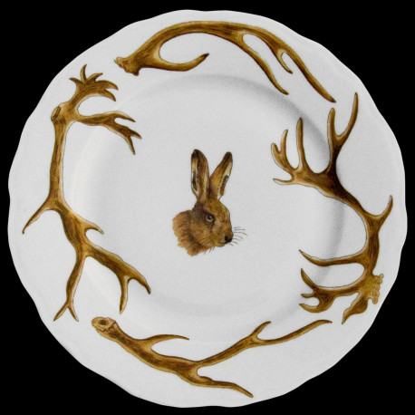 Assiette dessert bois cerf et tête de lièvre porcelaine de Limoges